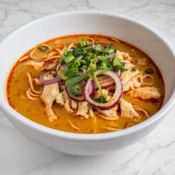 A bowl of Nana Noodle House's chicken noodle soup with red onions, cilantro, and green onions.