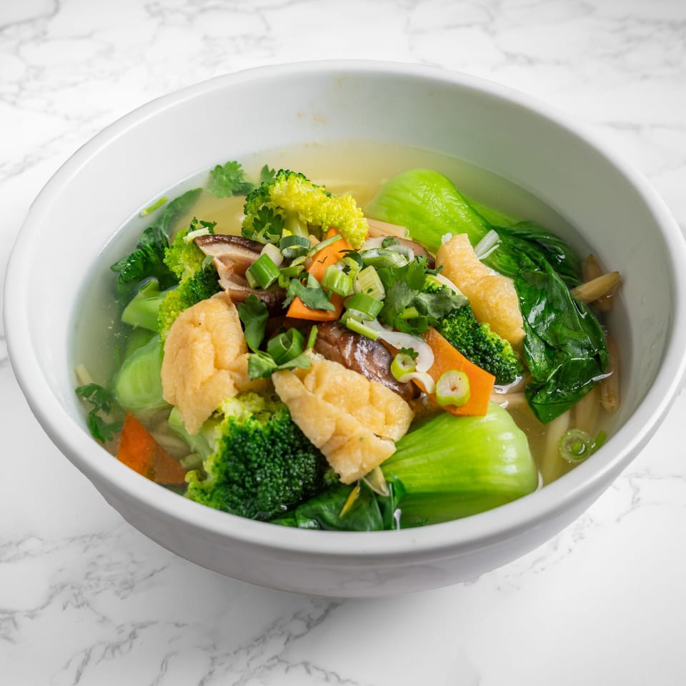 Nana Noodle House vegetable noodle soup with broccoli, bok choy, carrots, mushrooms, and tofu.