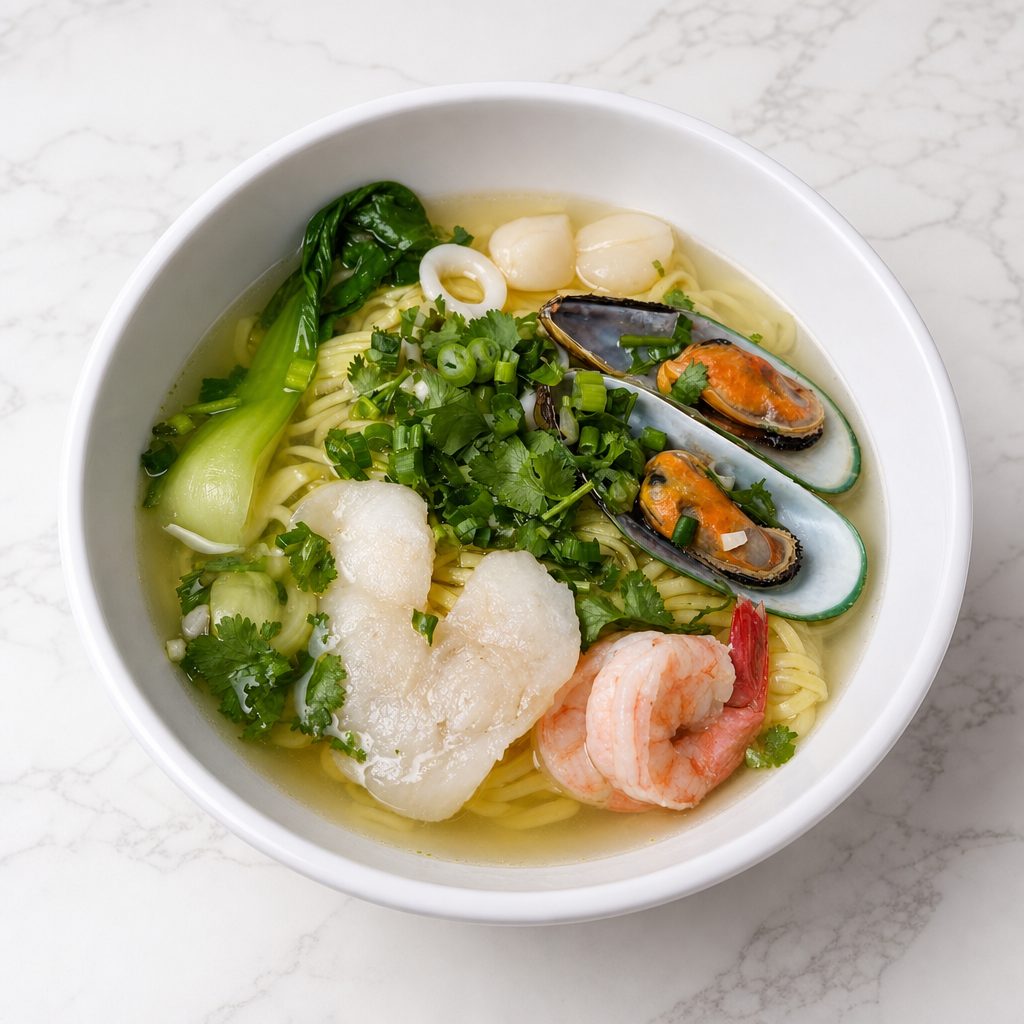 海鲜汤面 / Seafood Noodle Soup (Curry Broth or Chicken Broth).