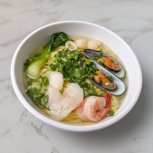 海鲜汤面 / Seafood Noodle Soup (Curry Broth or Chicken Broth).